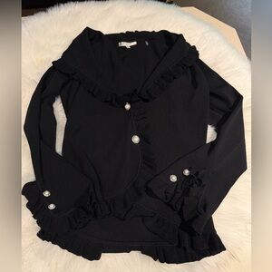 Vintage vertigo Paris black ruffle pearl button front cardigan sweater Sz L EUC